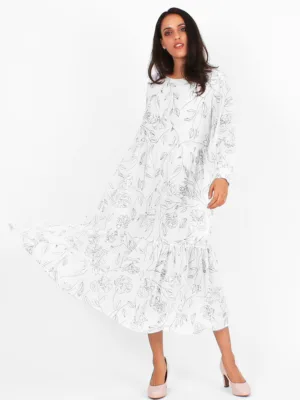 שמלת יוליה לבנה עם איורים פרחוניים בצבע שחור